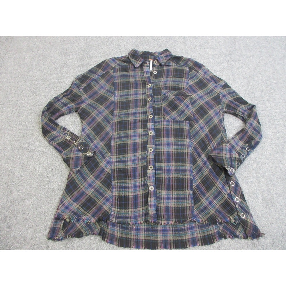 Free People Shirt Womens Small Black Purple Plaid High Low Frayed Hem Boho